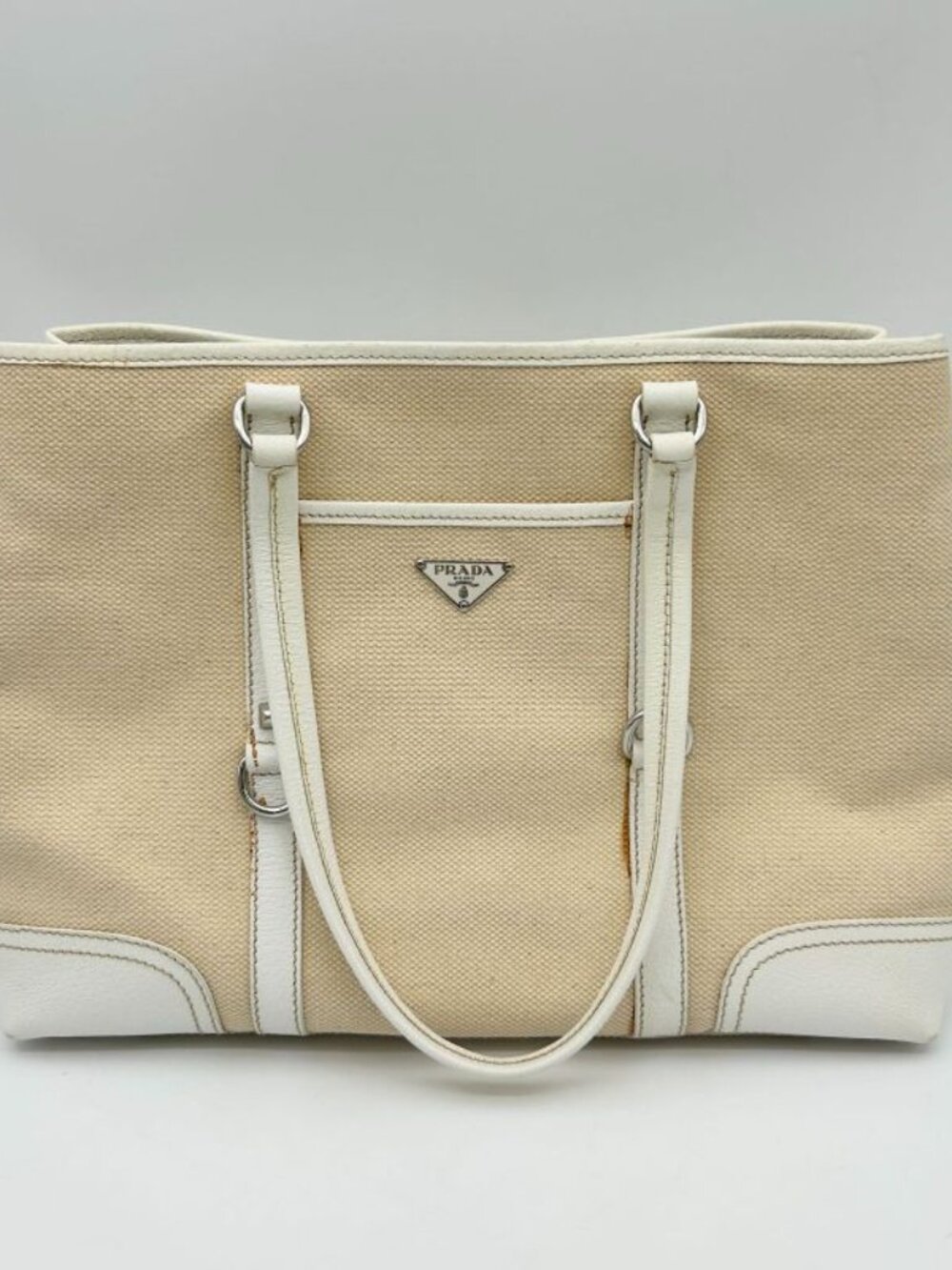 Prada Tote Shoulder Triangle Plate Logo Canvas Leather Beige - Picture 2 of 16